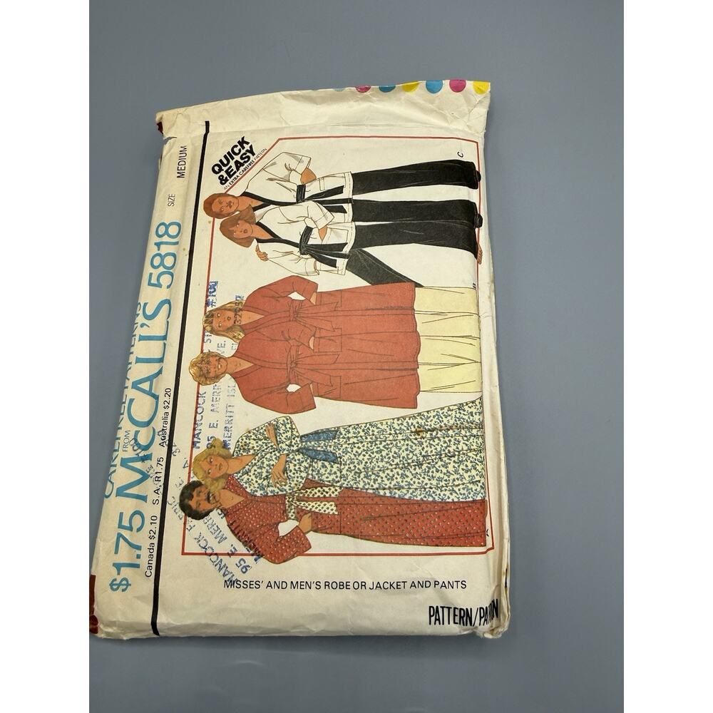Vintage McCall’s 5818 Sewing Pattern Robe Jacket Pants Medium Cut Complete